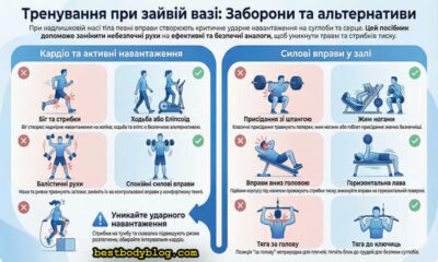 Інфографіка «Безпечний фітнес»: ризики для суглобів і хребта при зайвій вазі, заборонені вправи та їхні безпечні альтернативи у тренажерному залі