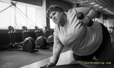 Жінка із зайвою вагою виконує тягу гантелі в нахилі, ілюструючи типові помилки новачків у техніці та важливість стабілізації корпусу