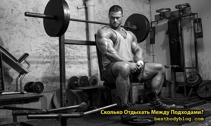 Профессиональный атлет отдыхает на скамье в тренажерном зале между подходами для восстановления дыхания и сил перед новым сетом.