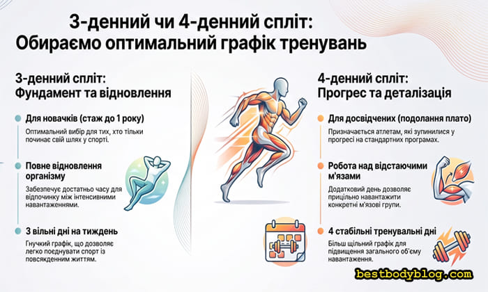 Порівняння 3-денного та 4-денного спліту тренувань — корисна інфографіка про вибір правильної програми для залу