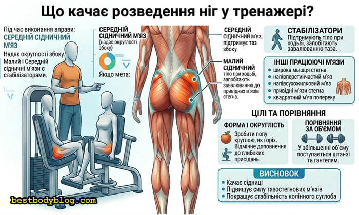 Інфографіка до статті «Розведення ніг на тренажері». Показано задіяні м’язи: середній сідничний м’яз і малий сідничний м’яз, а також стабілізатори. Порівняння цілей: форма, округлість і збільшення об’єму. Висновок: качає сідниці, підвищує силу м’язів і стабільність суглоба.