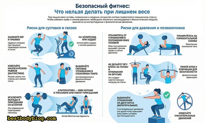 Инфографика «Безопасный фитнес»: риски для суставов и позвоночника при лишнем весе, запрещенные упражнения и их безопасные альтернативы в тренажерном зале