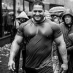 Усміхнений бодібілдер у мокрій від дощу футболці впевнено йде вулицею серед перехожих у капюшонах. Символ загартованості та міцного імунітету.